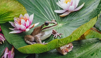Close-up of a frog sitting on a large tropical leaf near blooming flowers