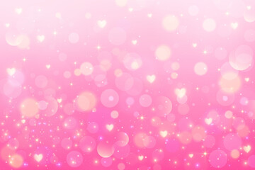 Pink background with bokeh and hearts. Cute pastel gradient girly blurred backdrop for Valentine Day card design. Lovely dreamy vector wallpaper with soft fairy light. Lilac glittering bg