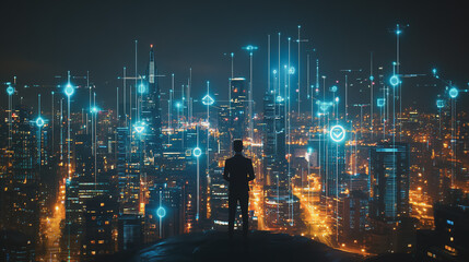 Fototapeta premium Smart digital Innovation city with connection network reciprocity over the cityscape. of future smart wireless digital city and social media networking systems that connects people with in city