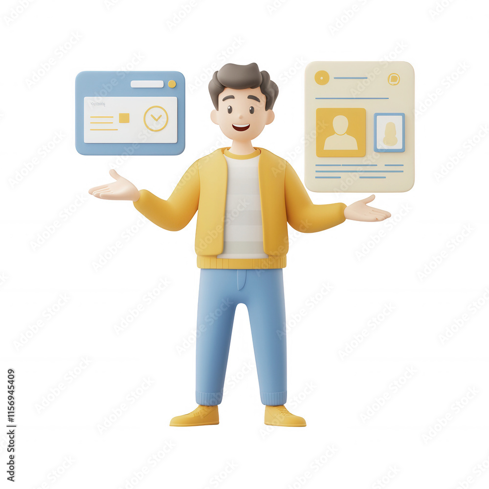 Poster a cheerful person juggling digital interfaces representing technology and data., isolated on a trans