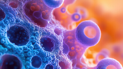 Close-up of colorful organic structures with circular patterns and vibrant colors