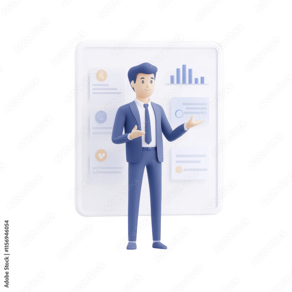 Poster a confident businessman presenting data and analytics in a professional setting., isolated on a tran