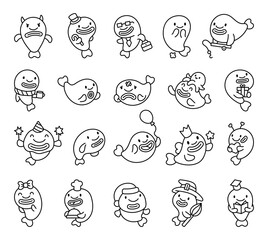 Fototapeta premium Blobfish character set with cute kawaii cartoon emotions and unique elements for marine life illustrations featuring funny and cheerful details perfect for creative and professional projects
