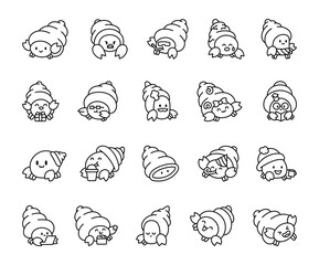 Hermit cancer set of charming cartoon crabs in different poses, expressing emotions like angry, sad, smiling and laughing, holding popcorn, mug, laptop, book