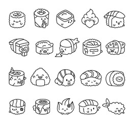 Sushi character set with kawaii cartoon emotions, cute smiling faces, different poses and food themed items for friendly creative design illustrations and decoration elements