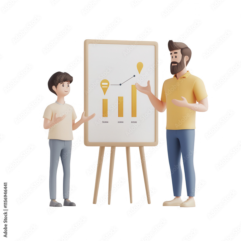 Poster a father and son discussing growth statistics with a chart in a creative setting., isolated on a tra