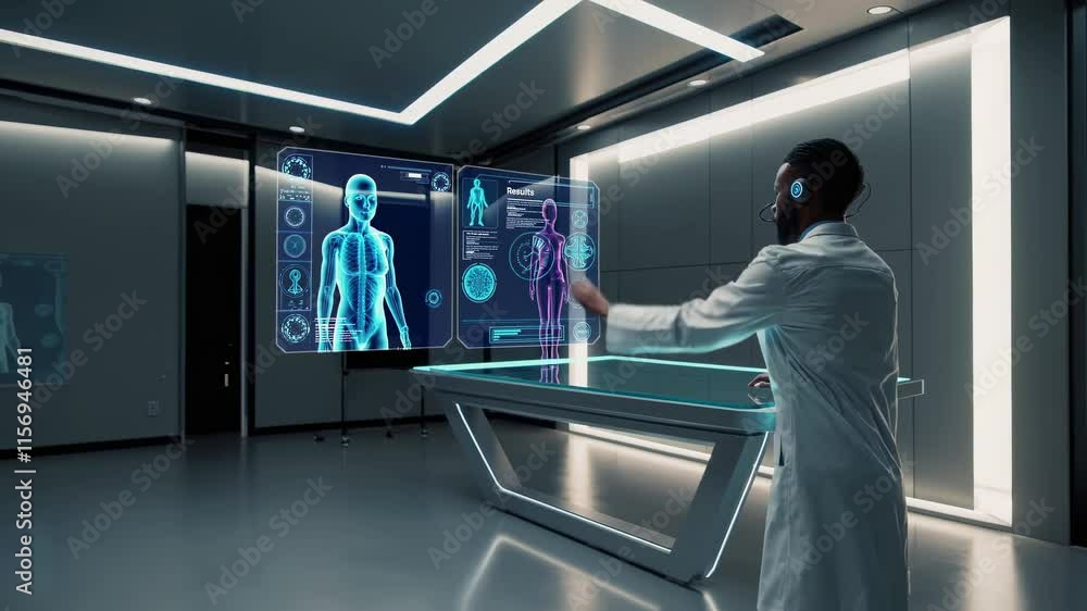 Poster scientist conducts research in advanced lab using holographic technology for health analysis