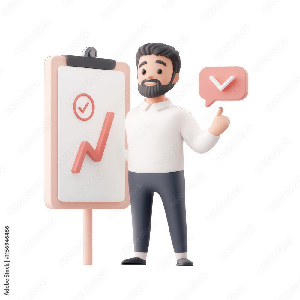 Poster a friendly businessman presenting a growth chart with confidence and positive vibes., isolated on a 