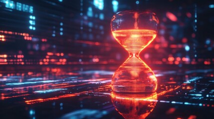 Futuristic Hourglass Glowing in Digital Matrix Environment