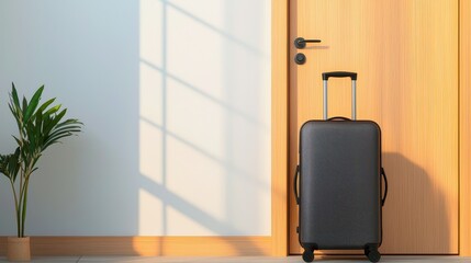 Everything Traveler Concept, Minimalist Suitcase Leaning Against Door in Bright Hotel Room with Modern Design