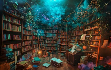 Enchanted library filled with books, magical ambiance, mystical atmosphere, fantasy setting, cozy reading room.