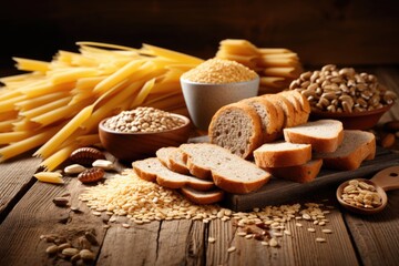 Closeup of various cereals raw pasta and bread on wooden background