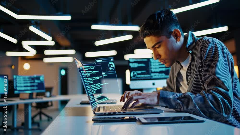 Poster Young programmer focuses intently on coding in a modern workspace with multiple computer screens and ambient lighting
