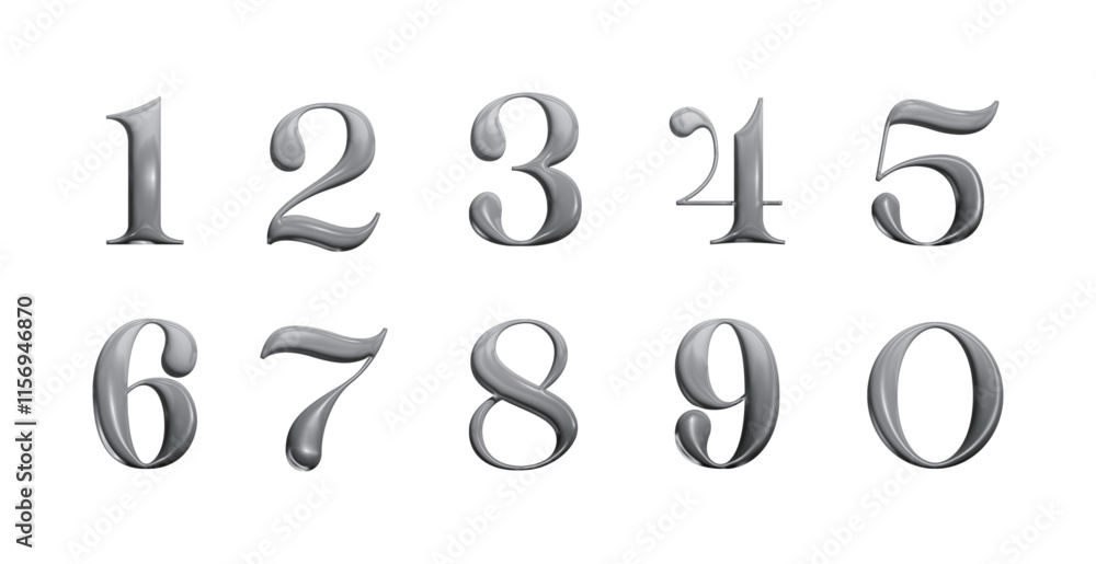 Poster a set of number typography with glossy, silver metallic and chrome material effects.