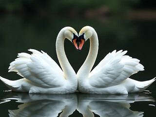 Fototapeta premium Two White Swans Form A Heart Shape With Their Bodies, As Created By An Ai Image Generator. 00002