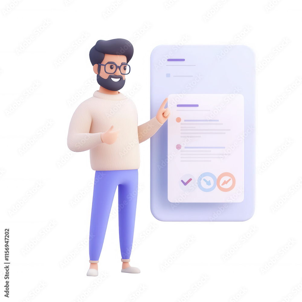 Poster a man presenting a digital checklist on a modern smartphone display., isolated on a transparent back