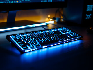 A computer keyboard with a blue light on it