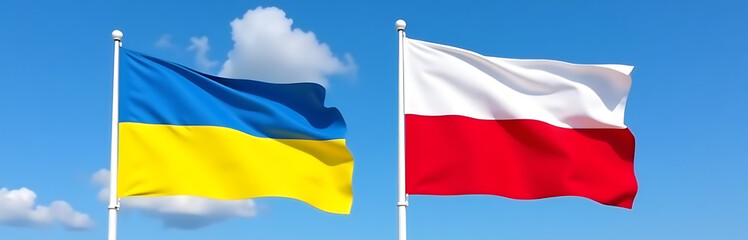 Obraz premium Two State Flags, One From Ukraine And Another From Poland, Hang Side By Side In A Clear Blue Cloudless Sky. 00003