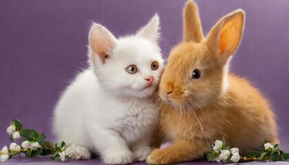 playful ginger kitten and white rabbit hugging on purple background, an animal duo concept representing friendship and love