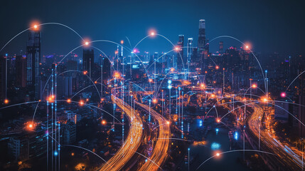 Naklejka premium Smart digital Innovation city with connection network reciprocity over the cityscape. of future smart wireless digital city and social media networking systems that connects people with in city