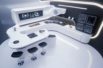 Futuristic technology meets culinary magic, aerial perspective of a stylish utopian kitchen, harmony of art and science