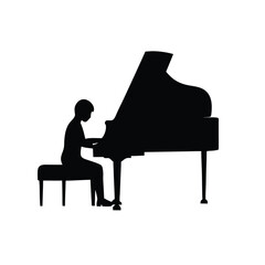 a black silhouette of a person sitting at a grand piano