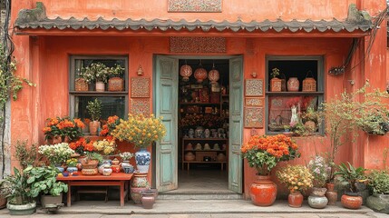 A vibrant storefront adorned with flowers and pottery, showcasing local craftsmanship.