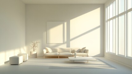 A minimalist living room with pale neutral colors, clean furniture lines, and a spacious, airy feel