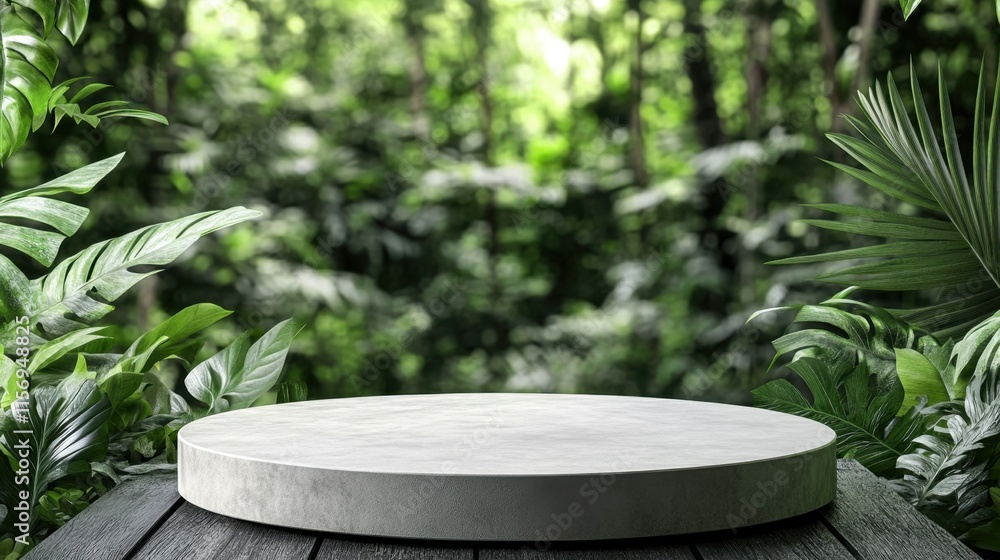 Poster natural greenery with round display stand in forest environment