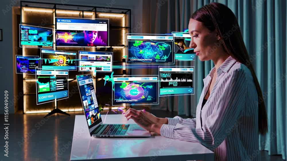 Poster innovative professional analyzes data using advanced technology in a modern workspace