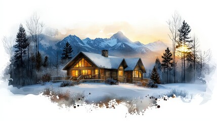 Fototapeta premium A cozy lodge in the mountains, surrounded by tall snow-covered trees.