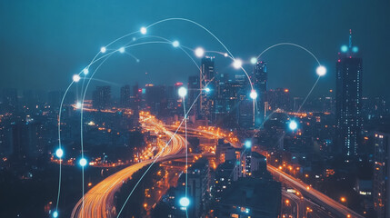 Smart digital Innovation city with connection network reciprocity over the cityscape. of future smart wireless digital city and social media networking systems that connects people with in city