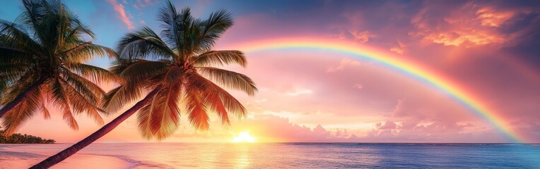 Tall Palm Trees Under a Vibrant Rainbow Sky