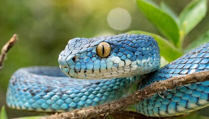 Blue viper snake closeup face