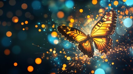 Golden Butterfly Glows Mysteriously in Sparkling Night Digital Painting. AI Generated