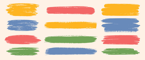 Hand drawn vector colorful dry brush strokes, paint stains, artistic textured backgrounds collection. Text boxes, frames set. Grungy rectangles, wide stripes, uneven shapes, rough edges.