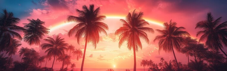 Fototapeta premium Tall Palm Trees Under a Vibrant Rainbow Sky