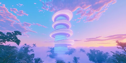 Obraz premium Futuristic tower in pastel sky, surrounded by clouds and tropical foliage. Dreamlike, ethereal digital art.