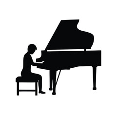 a black silhouette of a person sitting at a grand piano