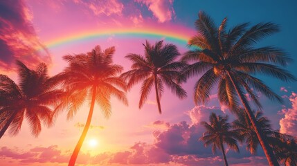 Tall Palm Trees Under a Vibrant Rainbow Sky