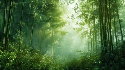 Obraz premium Tranquil bamboo grove bathed in the soft light of early morning, with slender stalks swaying gently in the breeze and the faint chirping of crickets in the air.