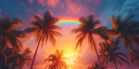 Tall Palm Trees Under a Vibrant Rainbow Sky