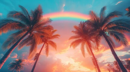 Tall Palm Trees Under a Vibrant Rainbow Sky