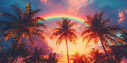 Tall Palm Trees Under a Vibrant Rainbow Sky