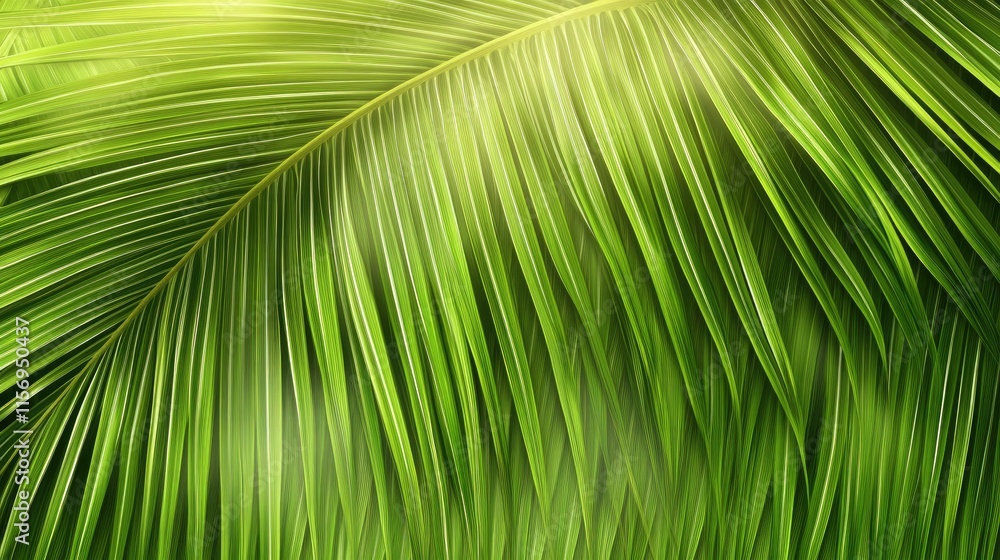 Poster detailed close-up of a green palm leaf highlights its unique textures and shadows, creating a soothi
