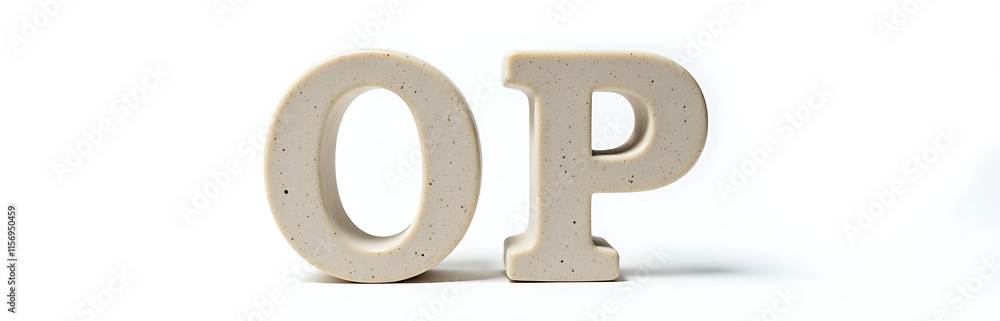 Poster two isolated stone letters o and p on a clean white background sitting together in harmony perfectly
