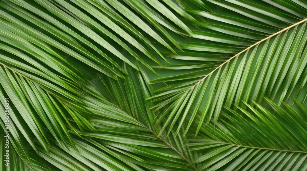 Poster detailed close-up of a green palm leaf highlights its unique textures and shadows, creating a soothi
