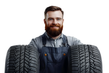 Smiling handsome car mechanic with new tire on white isolated background. Concept store of auto tyre.