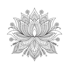 Intricate Black and White Lotus Flower Drawing with Leaves and Floral Details for floral mandala. Geometric ornamental mandalas