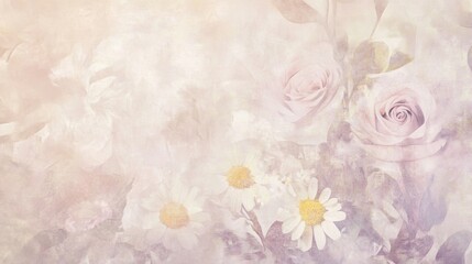Soft vintage floral arrangement with faded pastel tones of pink, cream, and lavender, featuring delicate roses and daisies in a textured nostalgic design evoking timeless retro charm. background